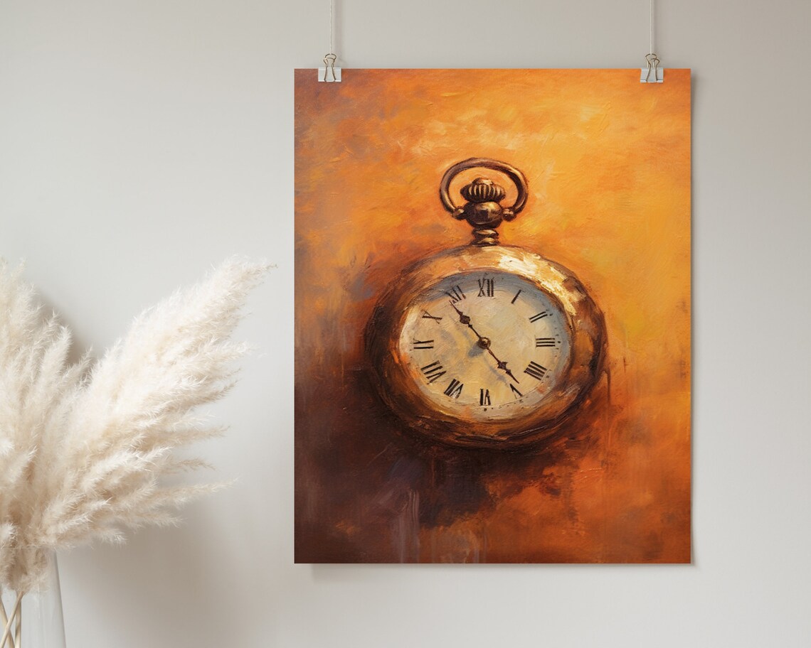 Antique Pocket Watch Roman Numerals Amber Oil Painting Poster - Image 2