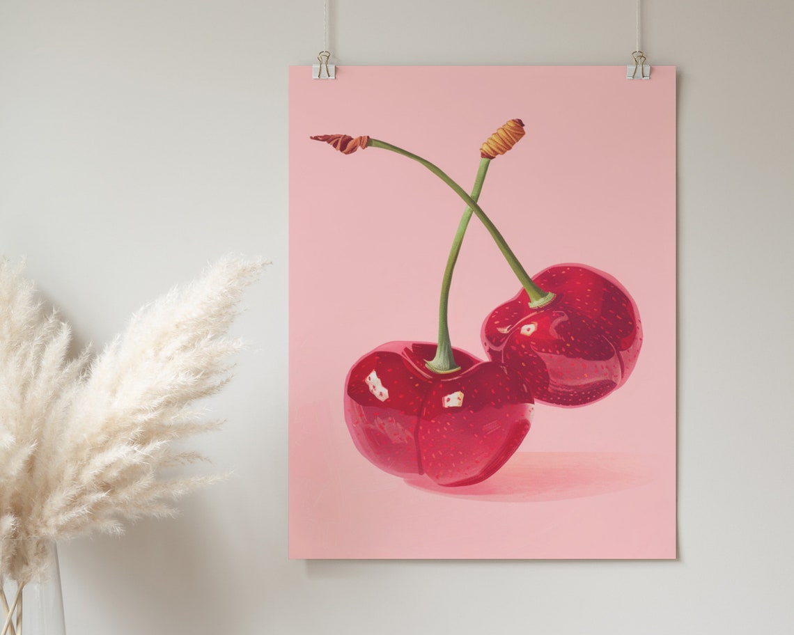 Juicy Red Cherries Swirl Stems Pink Background Pop Kitchen Poster - Image 2