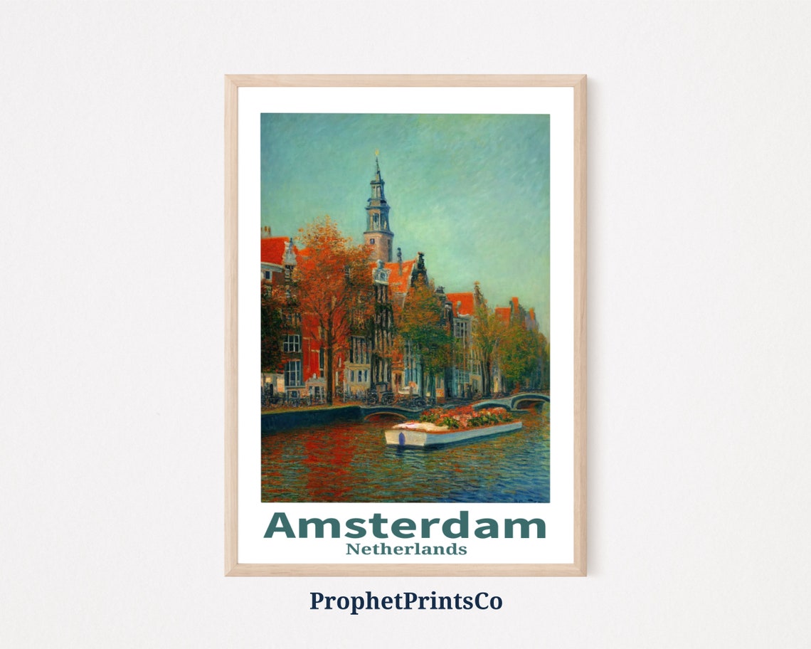 Amsterdam Canal Flower Boat Gabled Houses Netherlands Travel Poster