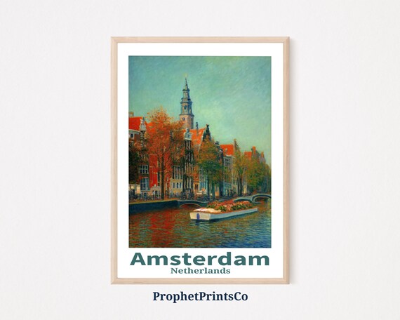 Amsterdam Canal Flower Boat Gabled Houses Netherlands Travel Poster