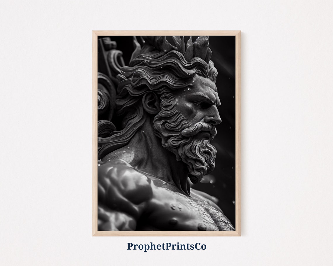 Poseidon Greek God Statue Black White Ocean King Powerful Sea Poster
