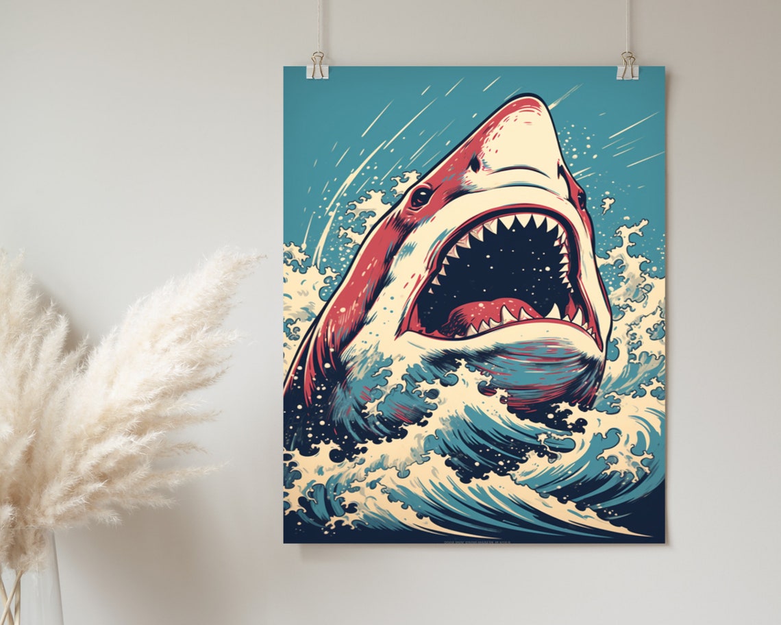 Great White Shark Leaping From Waves Retro Red Teal Art Poster - Image 2