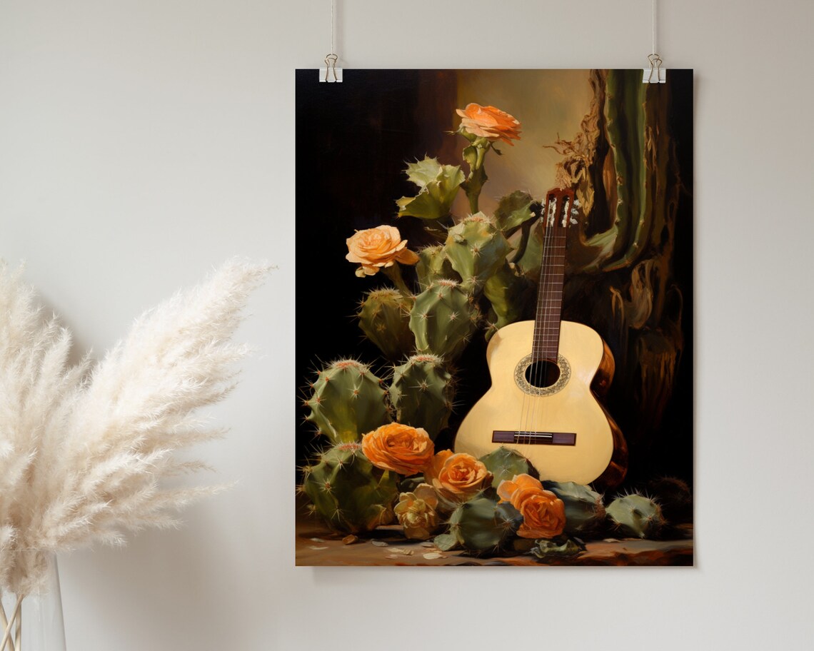 Classical Guitar with Cacti and Orange Roses Moody Still Life Painting Poster - Image 2