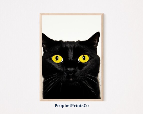 Black Cat Close Up Portrait Bright Yellow Eyes Minimal Poster