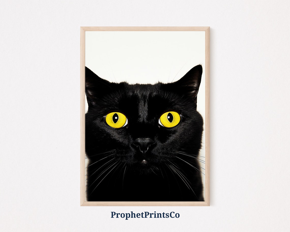 Black Cat Close Up Portrait Bright Yellow Eyes Minimal Poster