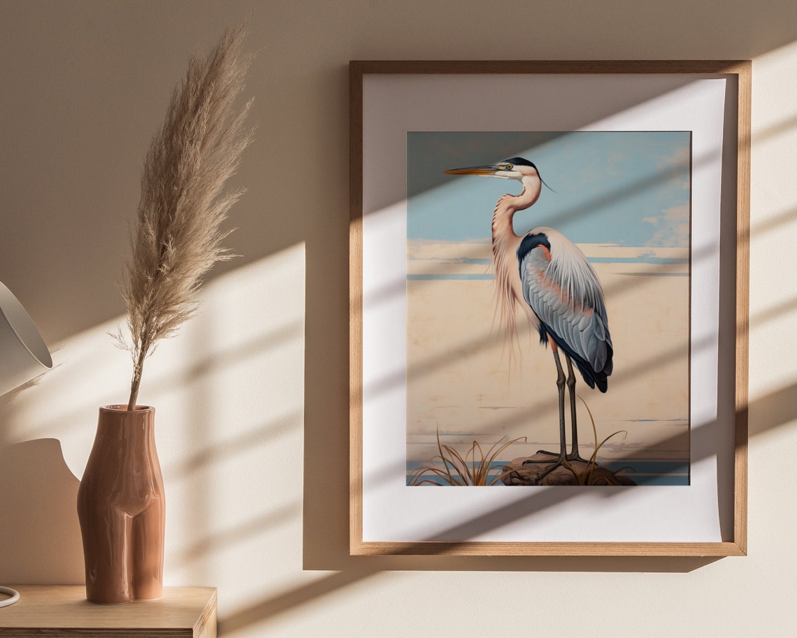 Great Blue Heron Standing By Water Vintage Coastal Bird Poster - Image 4