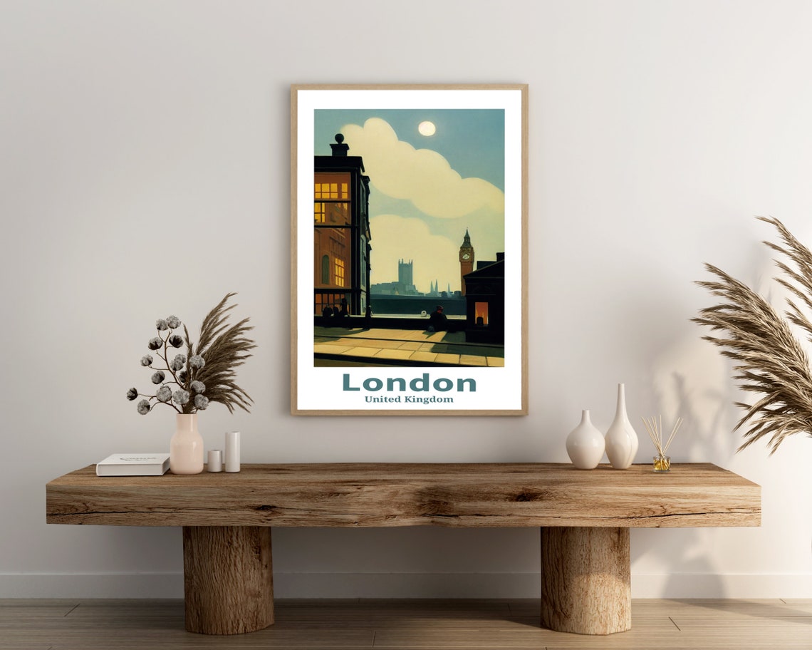 London United Kingdom Vintage Big Ben Embankment Moon Travel Poster - Image 3