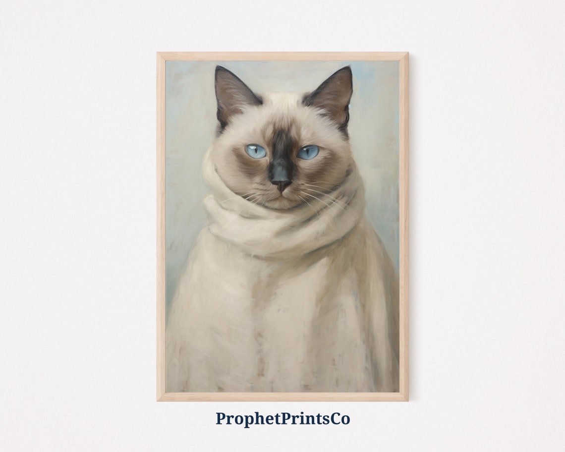 Siamese Cat White Scarf Blue Eyes Cozy Portrait Painting Poster