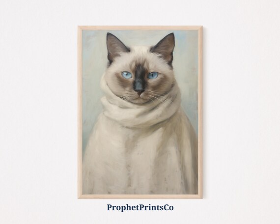 Siamese Cat White Scarf Blue Eyes Cozy Portrait Painting Poster
