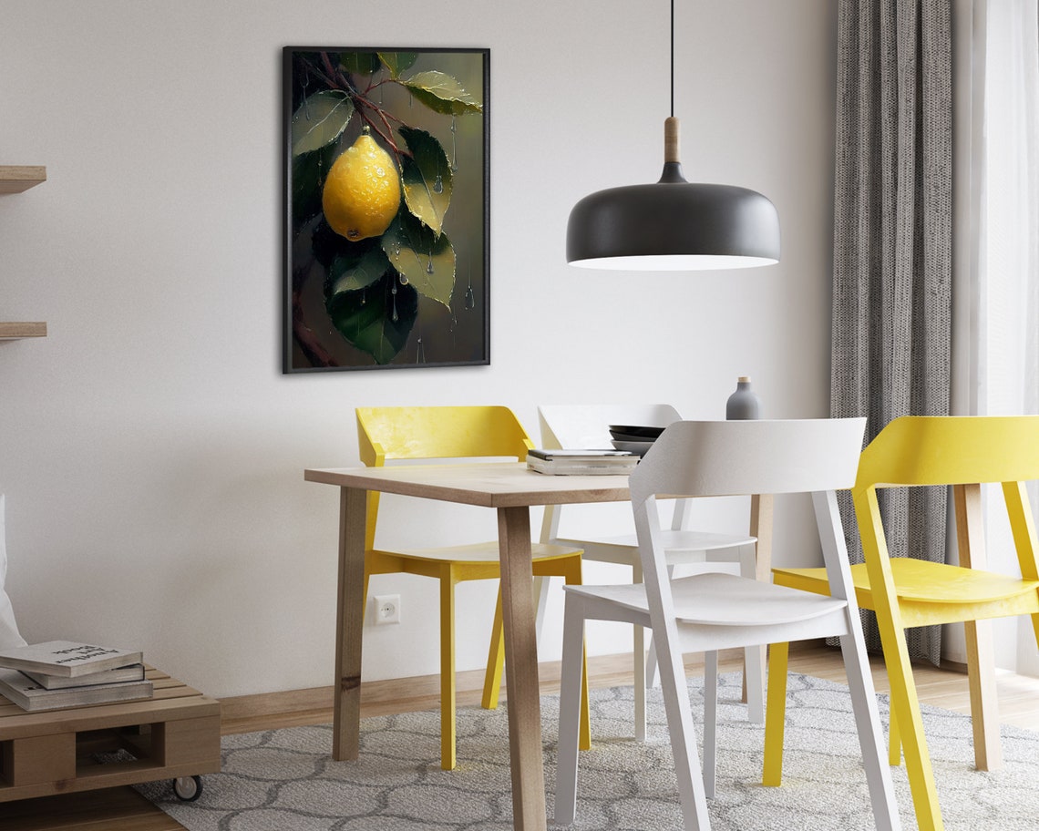 Ripe Lemon with Water Drops on a Branch Dark Botanical Poster - Image 2