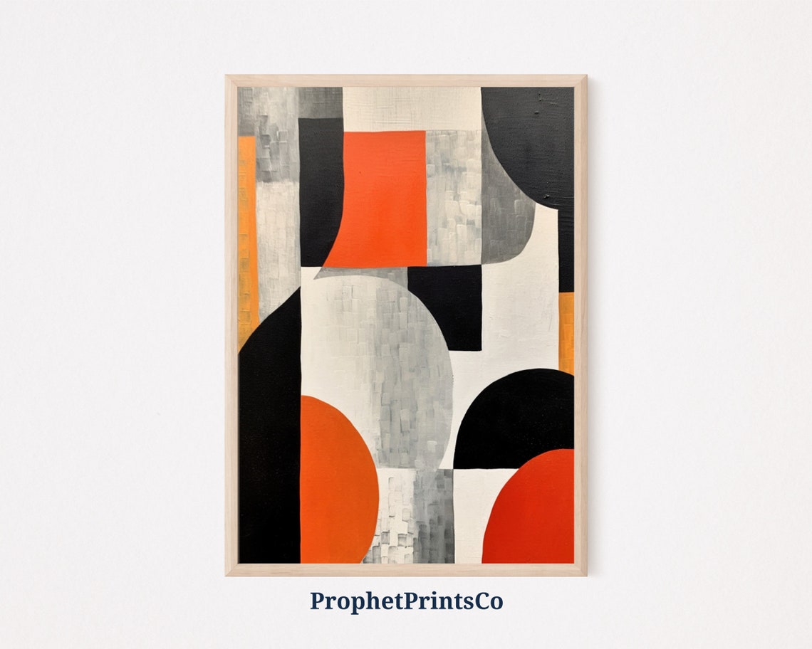 Mid Century Modern Geometric Black Orange Abstract Art Poster