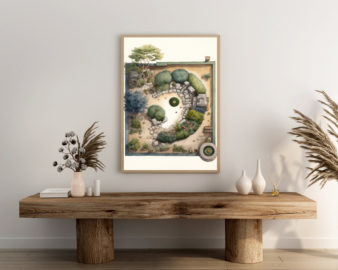 Spiral Stone Path Garden Watercolor Aerial Japanese Courtyard Art Poster - Image 3
