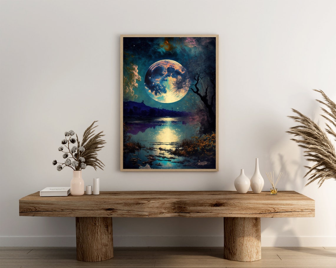 Vibrant Giant Cosmic Moon Glowing Over Surreal Night Waters Poster - Image 3