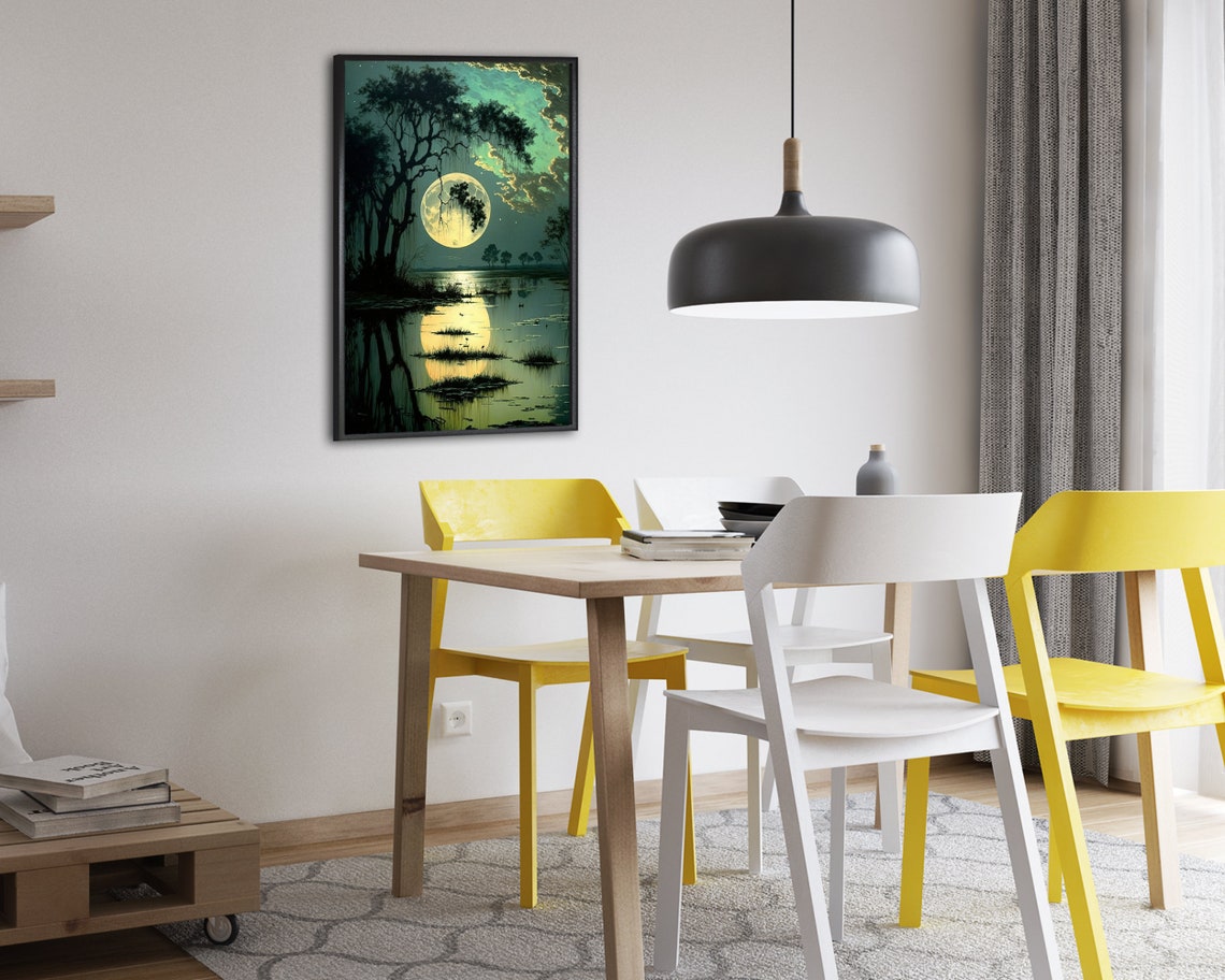 Moonrise Over Still Marsh Lake With Perfect Reflection Poster - Image 2