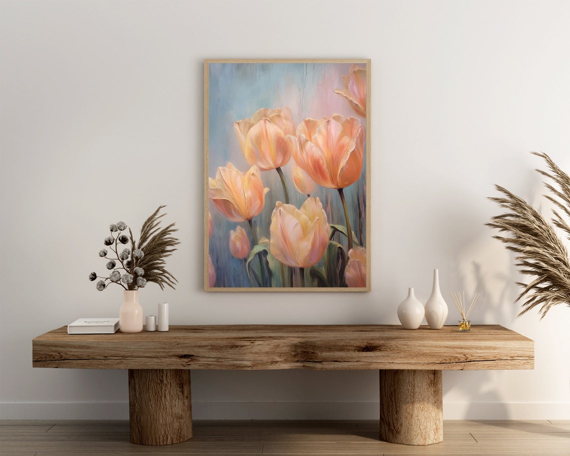 Peach Tulips Blue Grey Background Elegant Floral Oil Painting Poster - Image 3