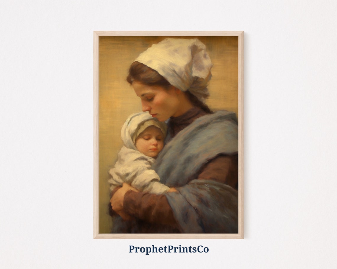 Mother Holding Sleeping Baby White Cap Tender Oil Painting Poster