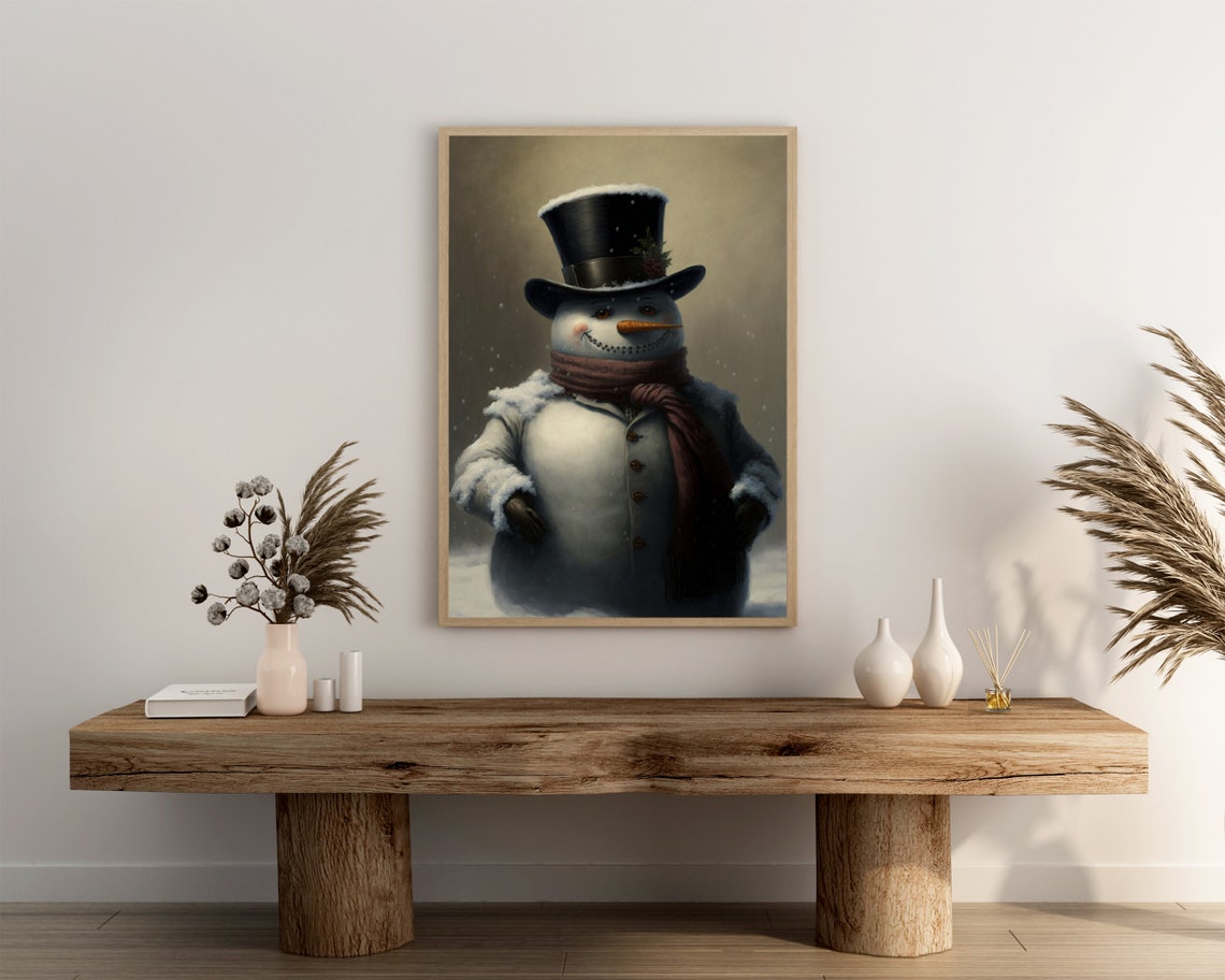 Dapper Snowman Top Hat Burgundy Scarf Painted Winter Art Poster - Image 3