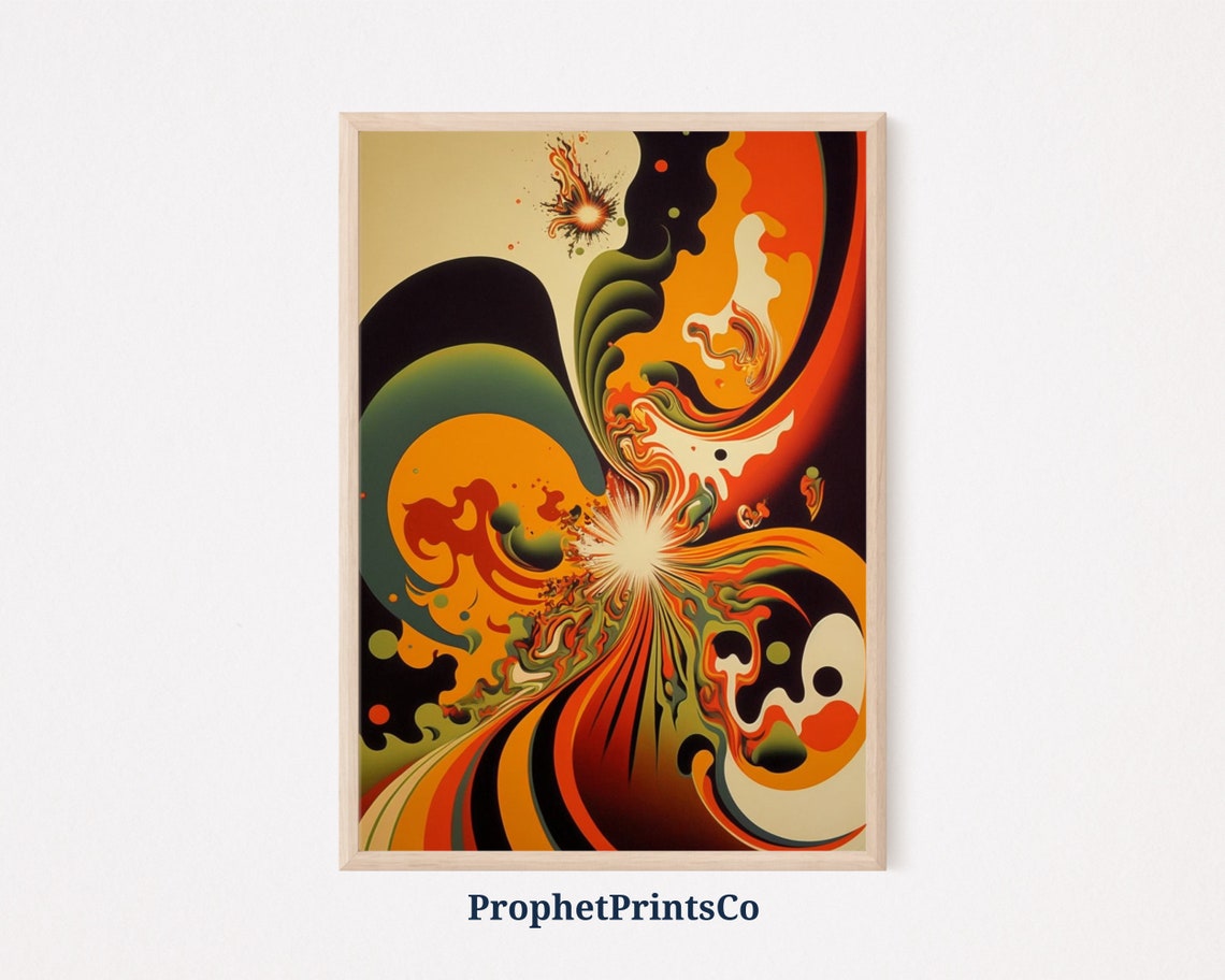 Retro 70s Psychedelic Swirl Abstract Art Orange Green Black Poster