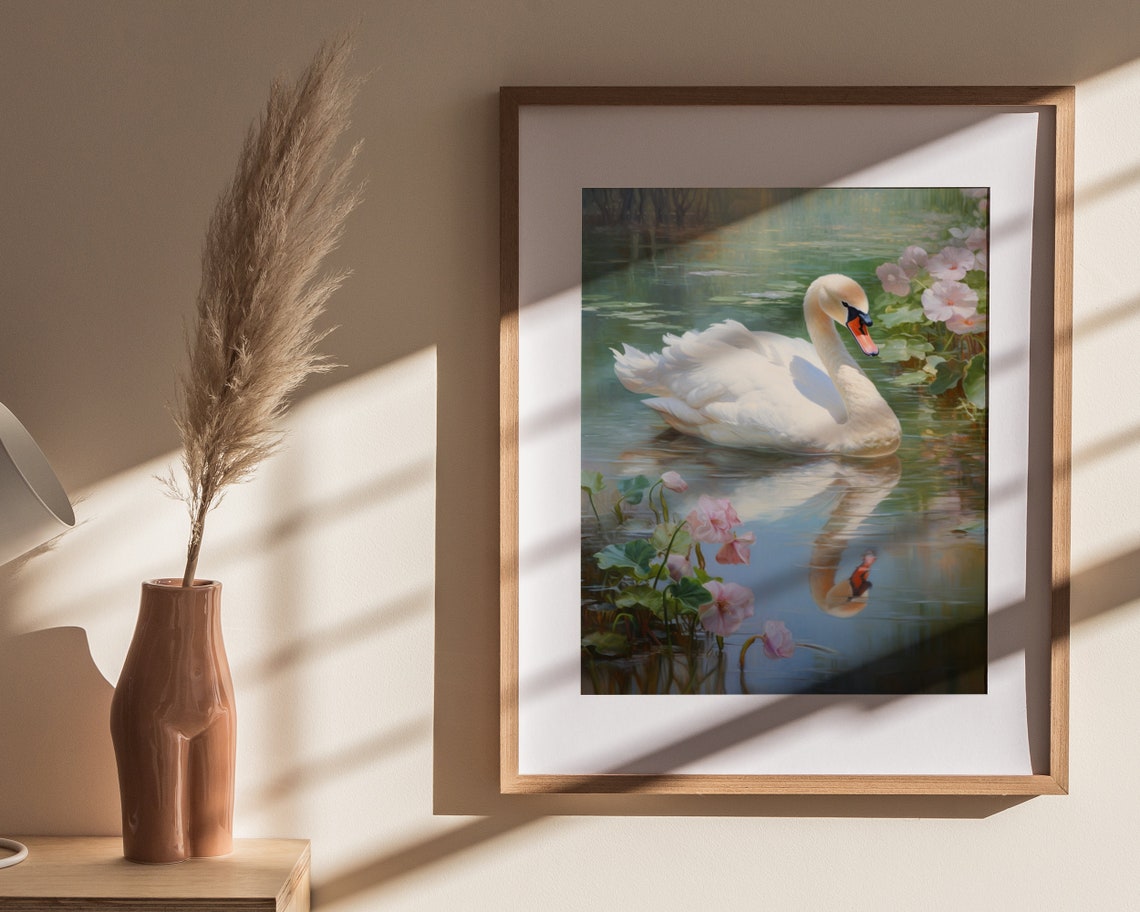 White Swan Pink Water Lilies Classical Lake Painting Wall Poster - Image 4