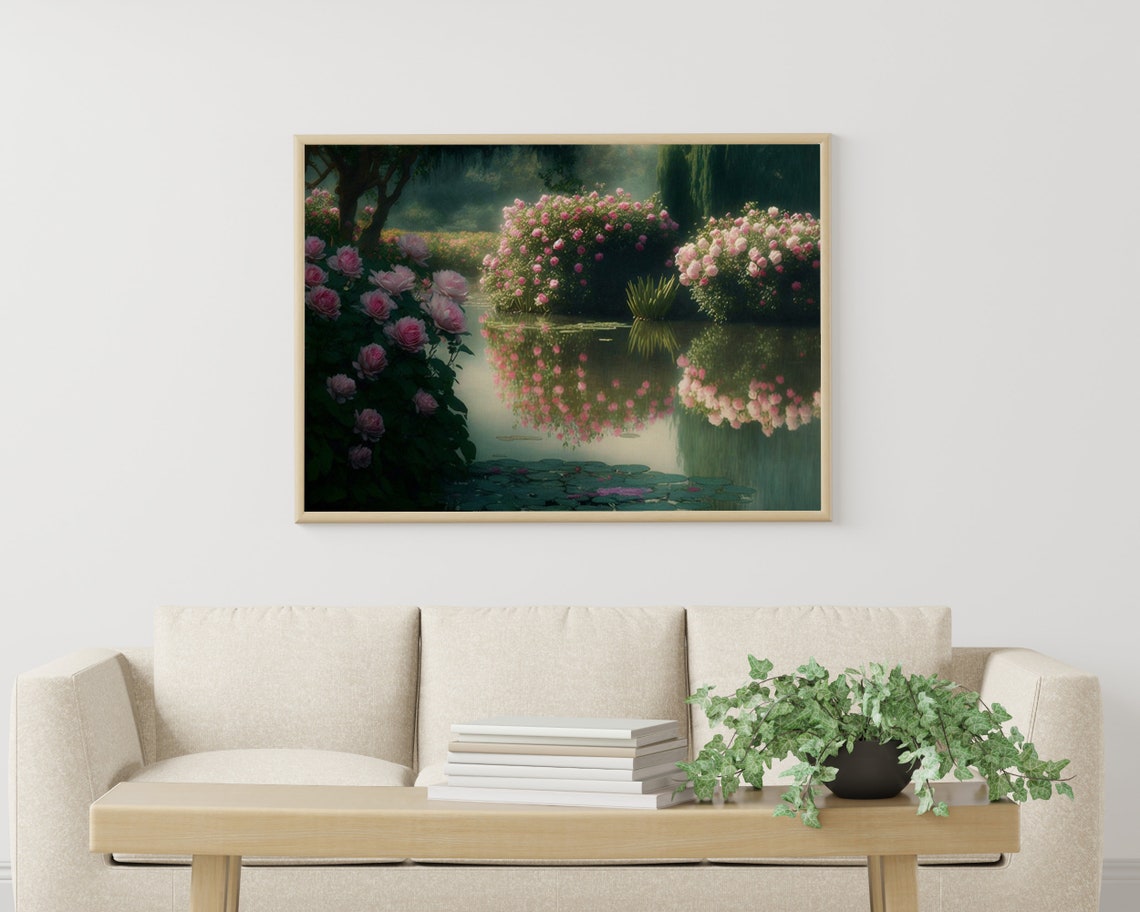 Dark Romantic Rose Garden Over Lily Pond Vintage Floral Poster - Image 3