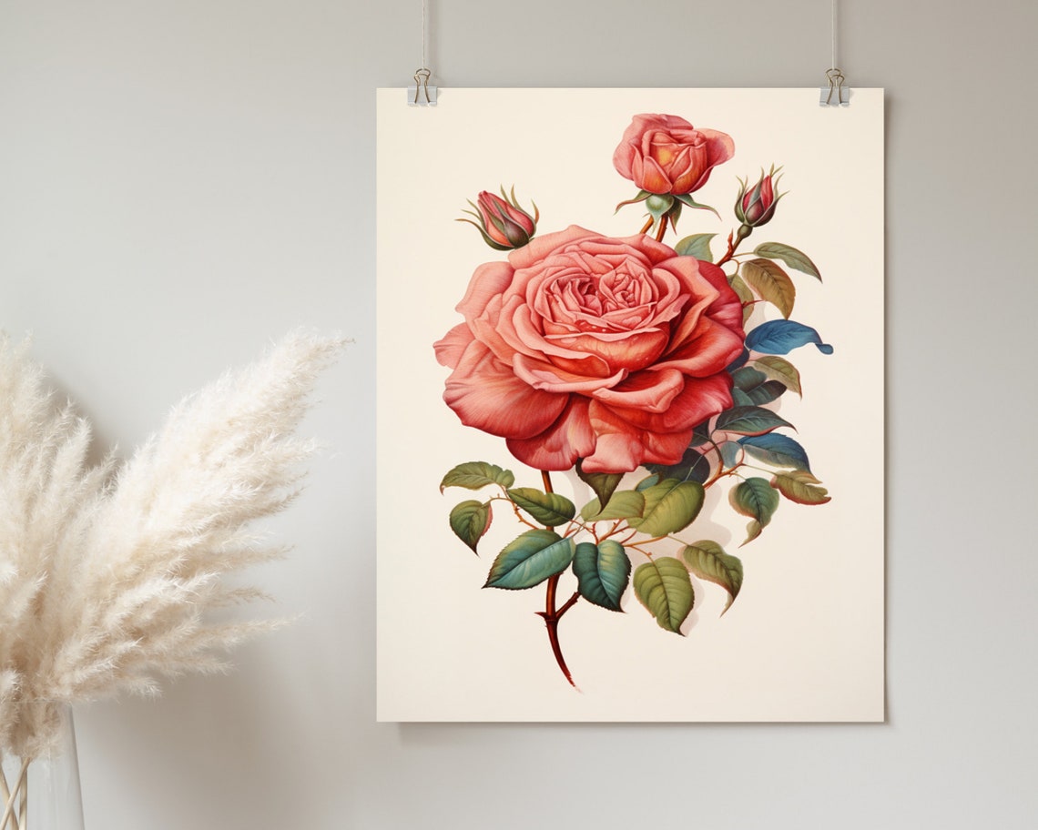 Vintage Coral Rose Botanical Illustration Cream Floral Poster - Image 2