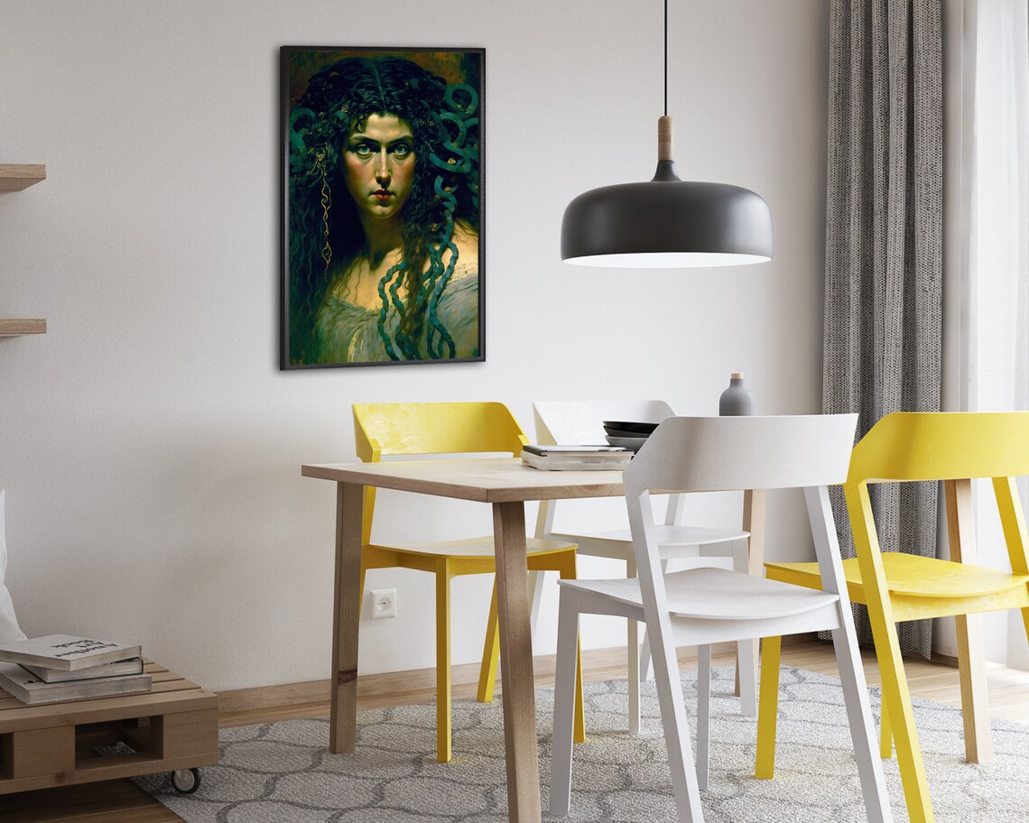 Medusa With Blue Green Serpent Hair Classical Oil Art Poster - Image 2