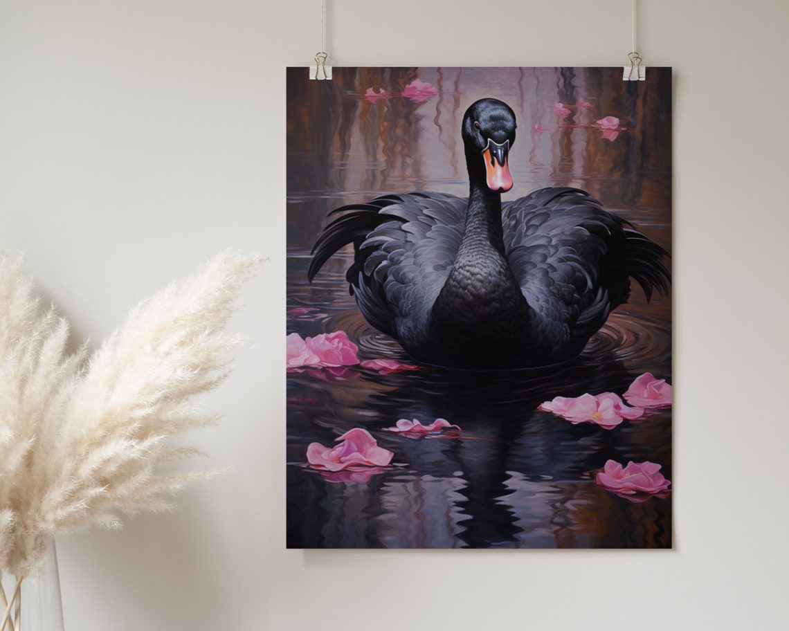 Graceful Black Swan Floating Petals Dark Water Painting Poster - Image 2