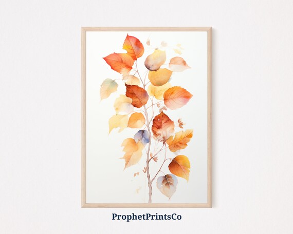 Watercolor Autumn Branch with Orange Gold Leaves Minimal Fall Botanical Poster
