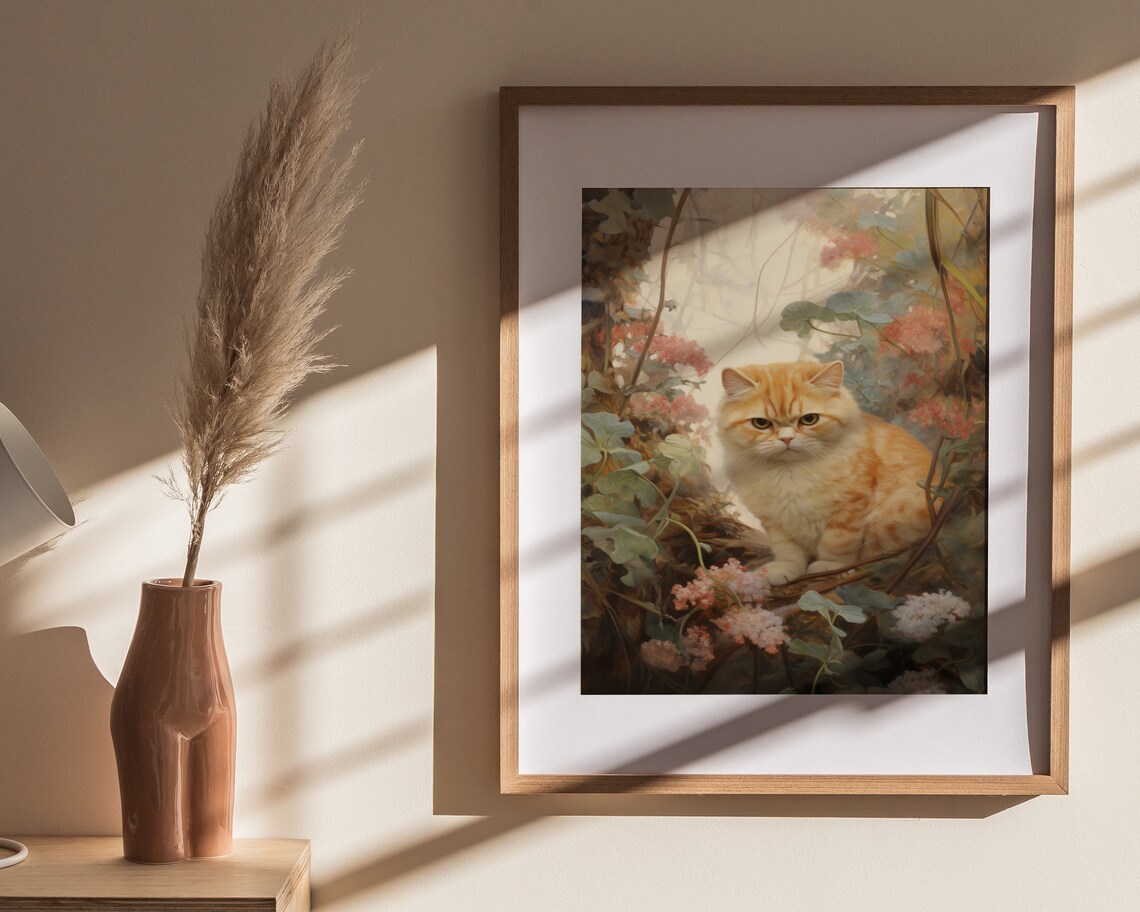 Ginger Cat Among Pink Blossoms Vintage Botanical Feline Oil Painting Poster - Image 4