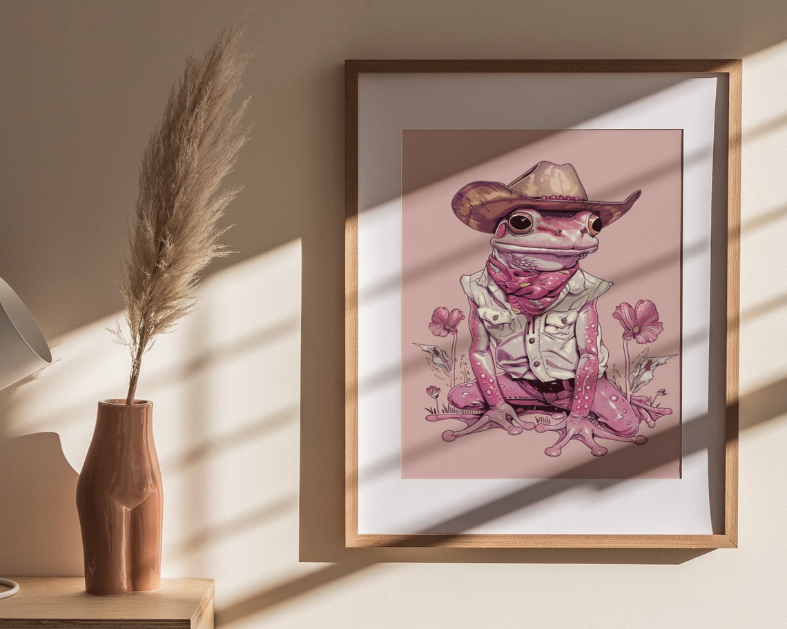 Pink Cowgirl Frog Denim Vest Western Wildflowers Funny Art Poster - Image 4