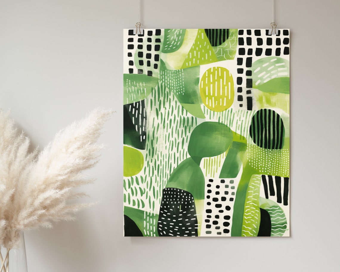 Green Black Abstract Pattern With Dots Modern Boho Art Poster - Image 2