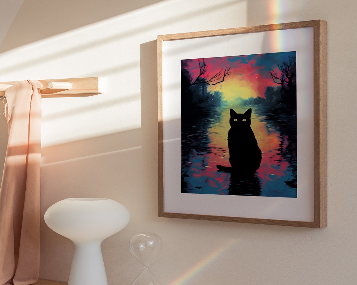 Black Cat Silhouette Glowing Eyes Neon Sunset Lake Art Poster - Image 3