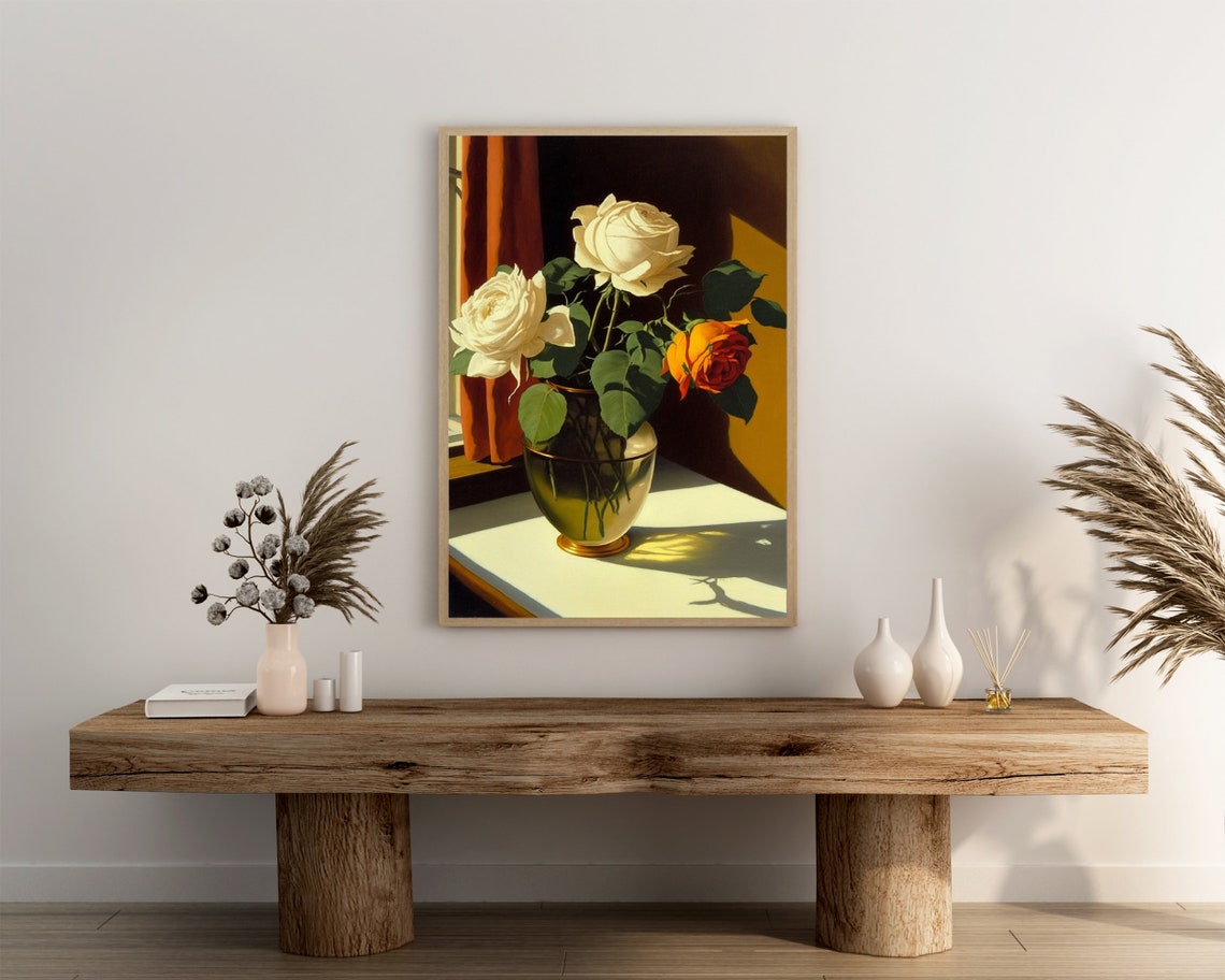 White And Orange Roses In Glass Vase Sunlit Window Still Life Poster - Image 3