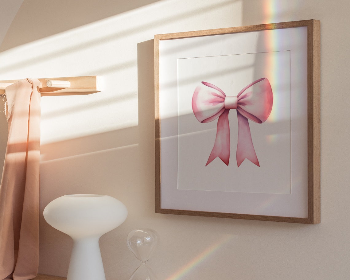 Soft Pink Satin Bow Minimalist Watercolor Nursery Wall Poster - Image 3