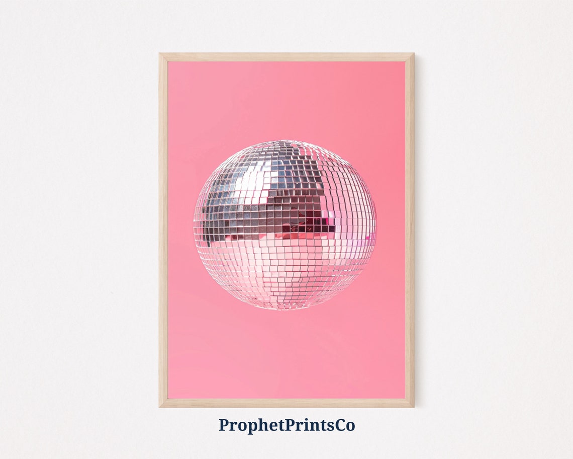 Disco Ball Close Up Pink Background Retro Party Shimmer Decor Poster