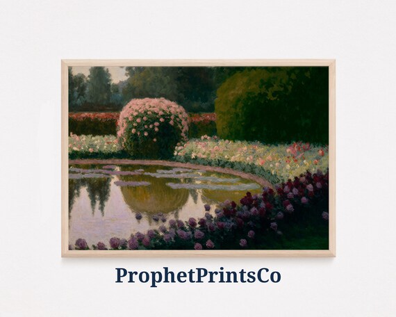 Muted Rose Garden With Reflecting Pond Impressionist Art Poster