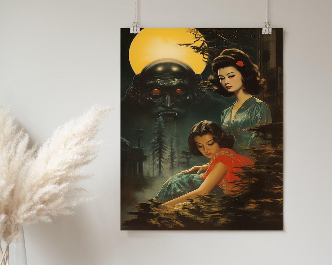 Vintage Japanese Horror Two Women Moon Giant Shadow Monster Poster - Image 2