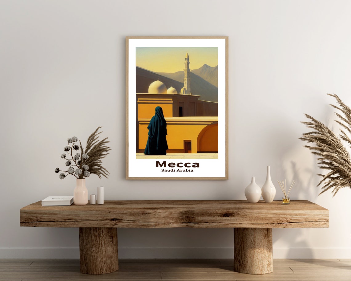 Mecca Saudi Arabia Figure Before Mosque Domes Desert Art Travel Poster - Image 3