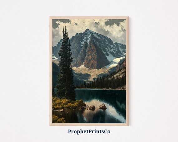 Glacier Mountain Peak Tall Pines Calm Lake Reflection Nature Art Poster