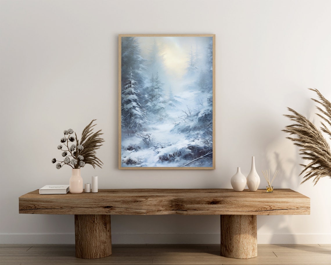 Snowy Pine Valley Oil Painting Glowing Winter Sun Mist Poster - Image 3