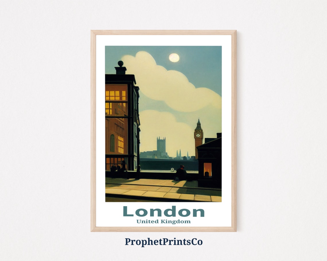 London United Kingdom Vintage Big Ben Embankment Moon Travel Poster
