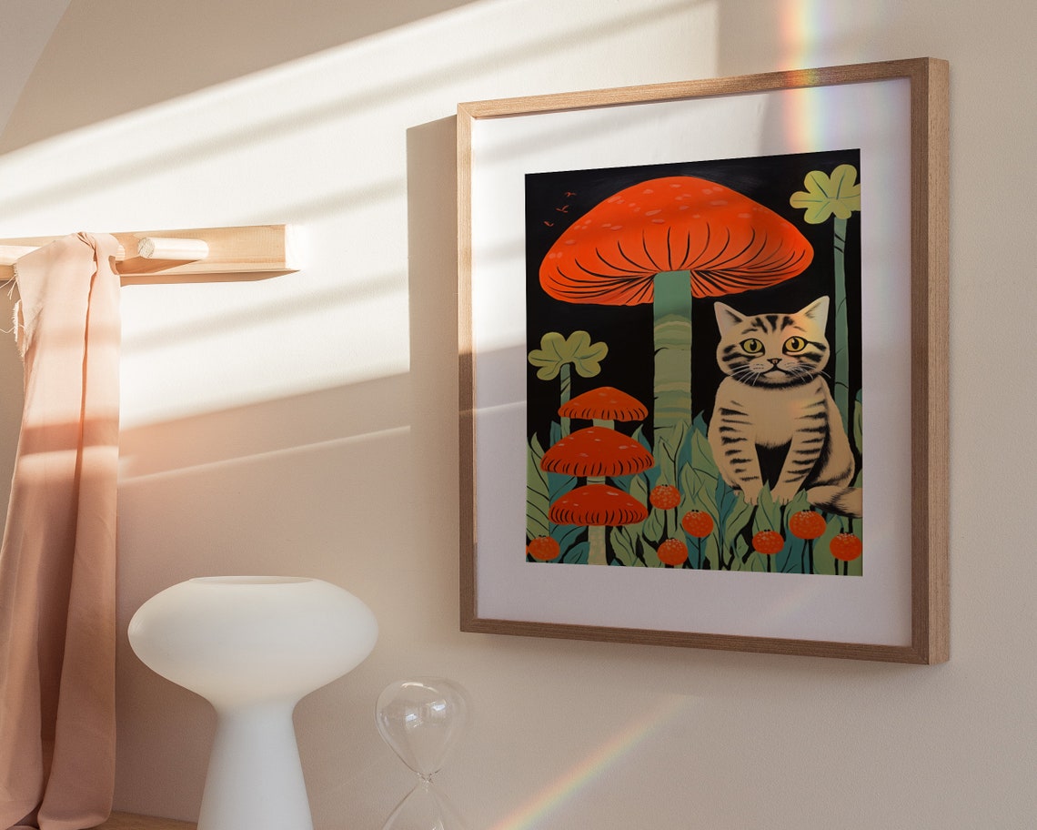 Vintage Tabby Cat With Red Mushrooms Cottagecore Dark Art Poster - Image 3