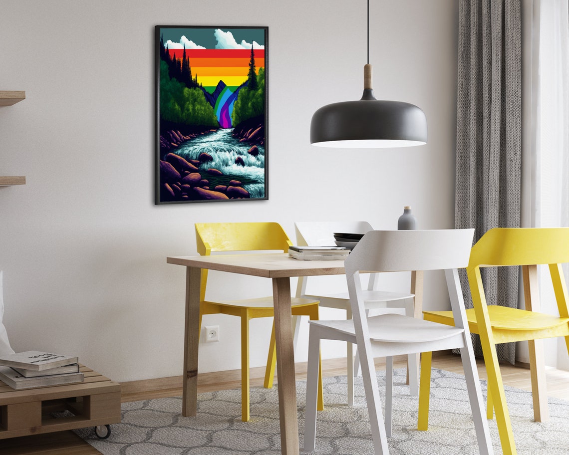 Rainbow Sky Waterfall Pouring River Pine Forest Vector Poster - Image 2