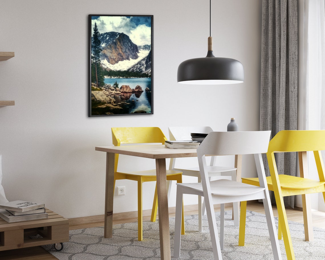 Rocky Snow Mountain Turquoise Alpine Lake Pine Rocks Landscape Poster - Image 2