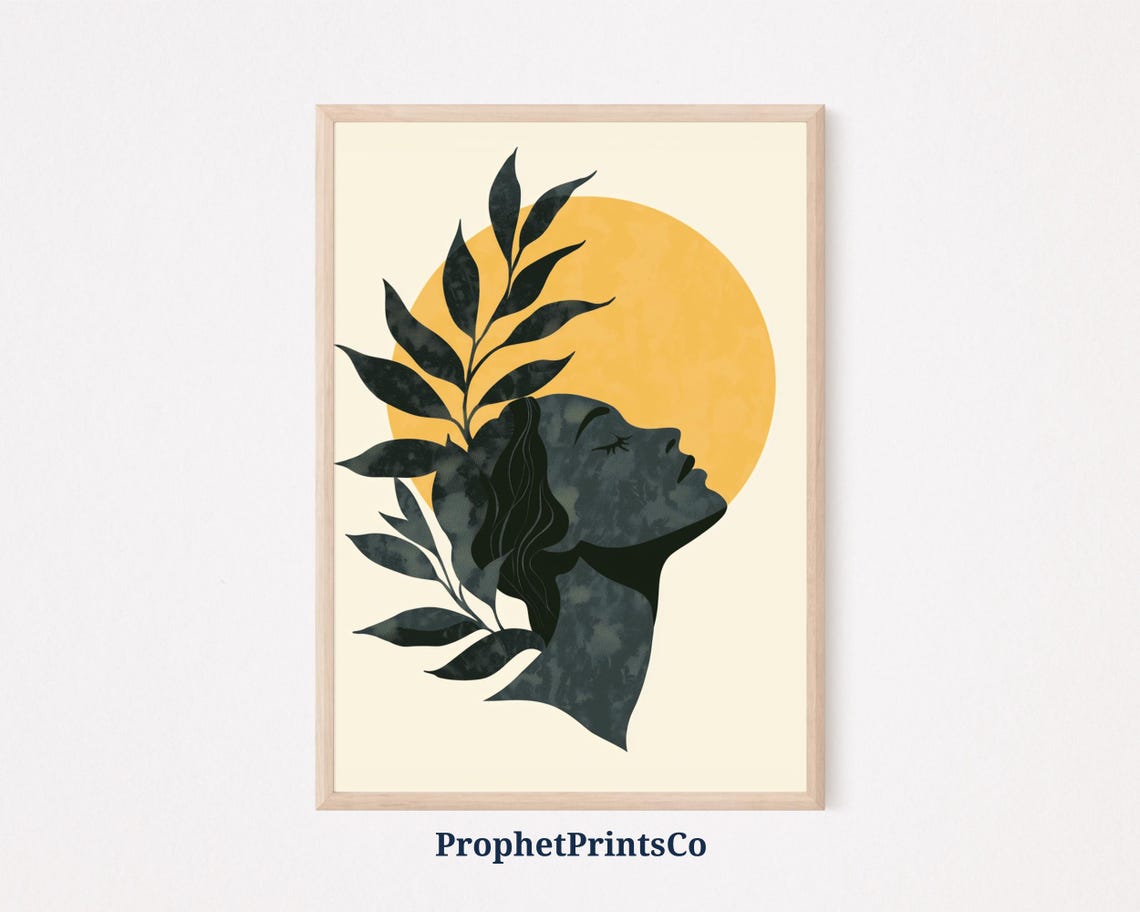Abstract Woman Profile Leaves Silhouette Orange Sun Boho Modern Poster