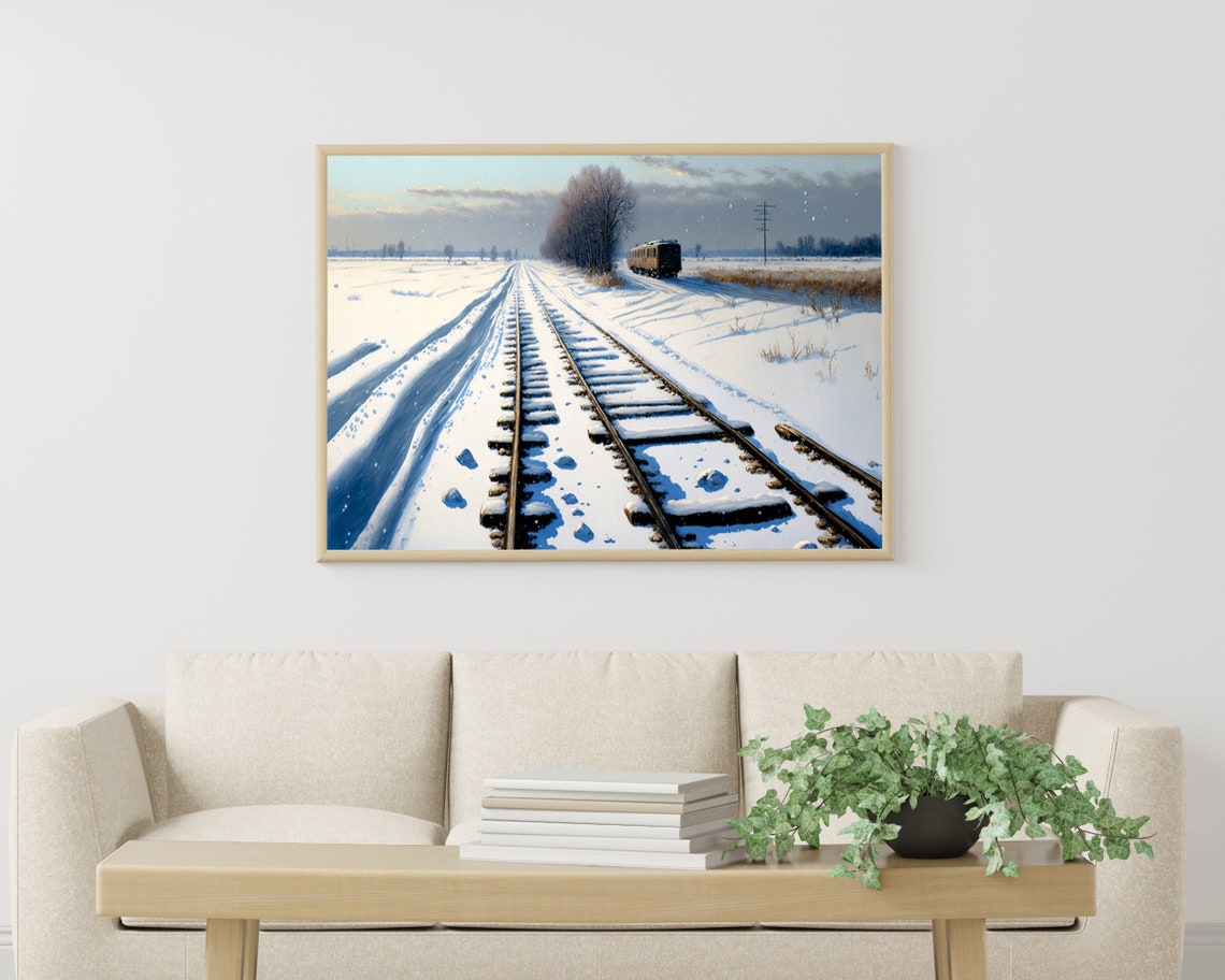 Steam Train Beside Snowy Tracks Falling Snow Winter Art Poster - Image 3