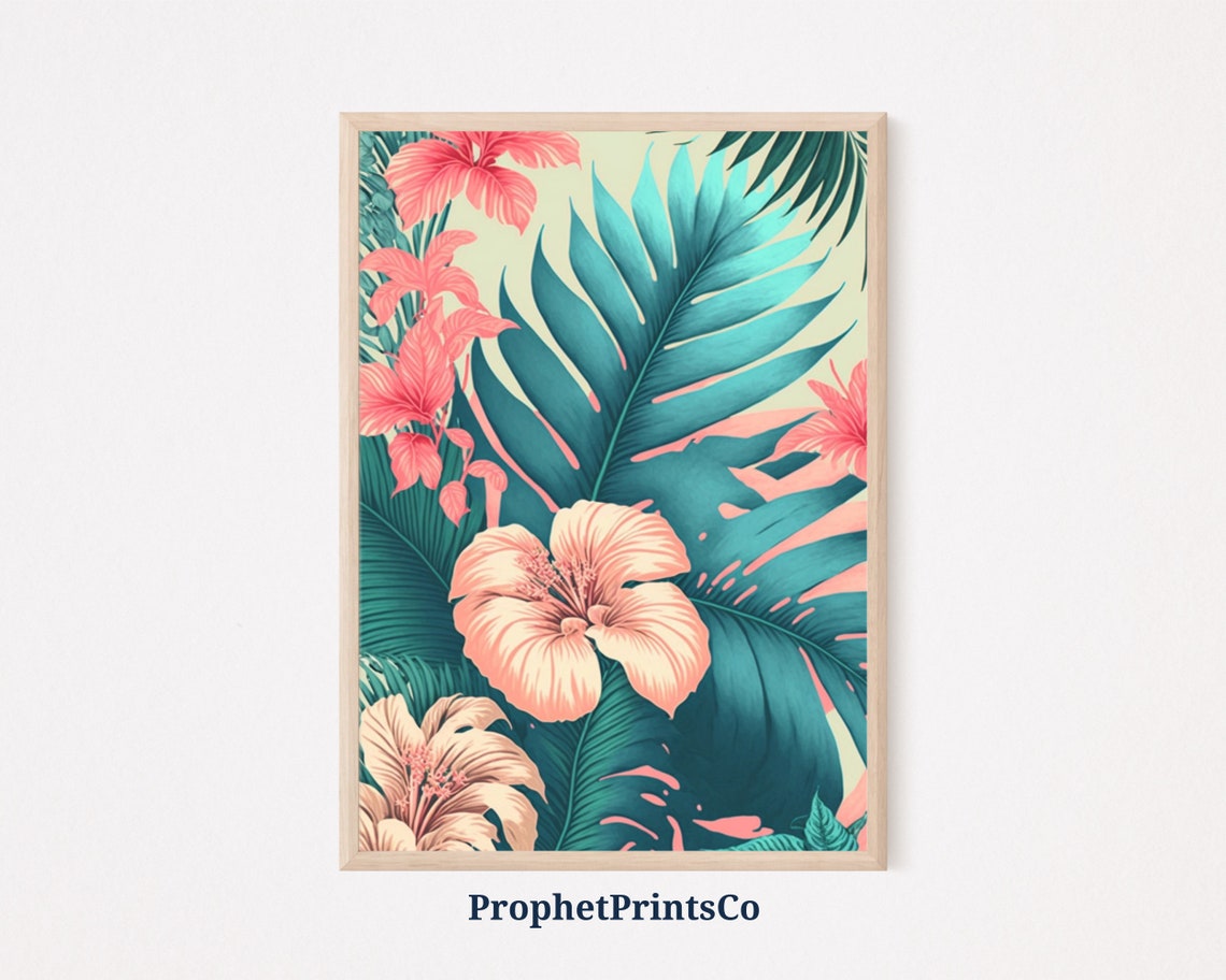 Tropical Palm Leaves And Pink Hibiscus Turquoise Botanical Poster