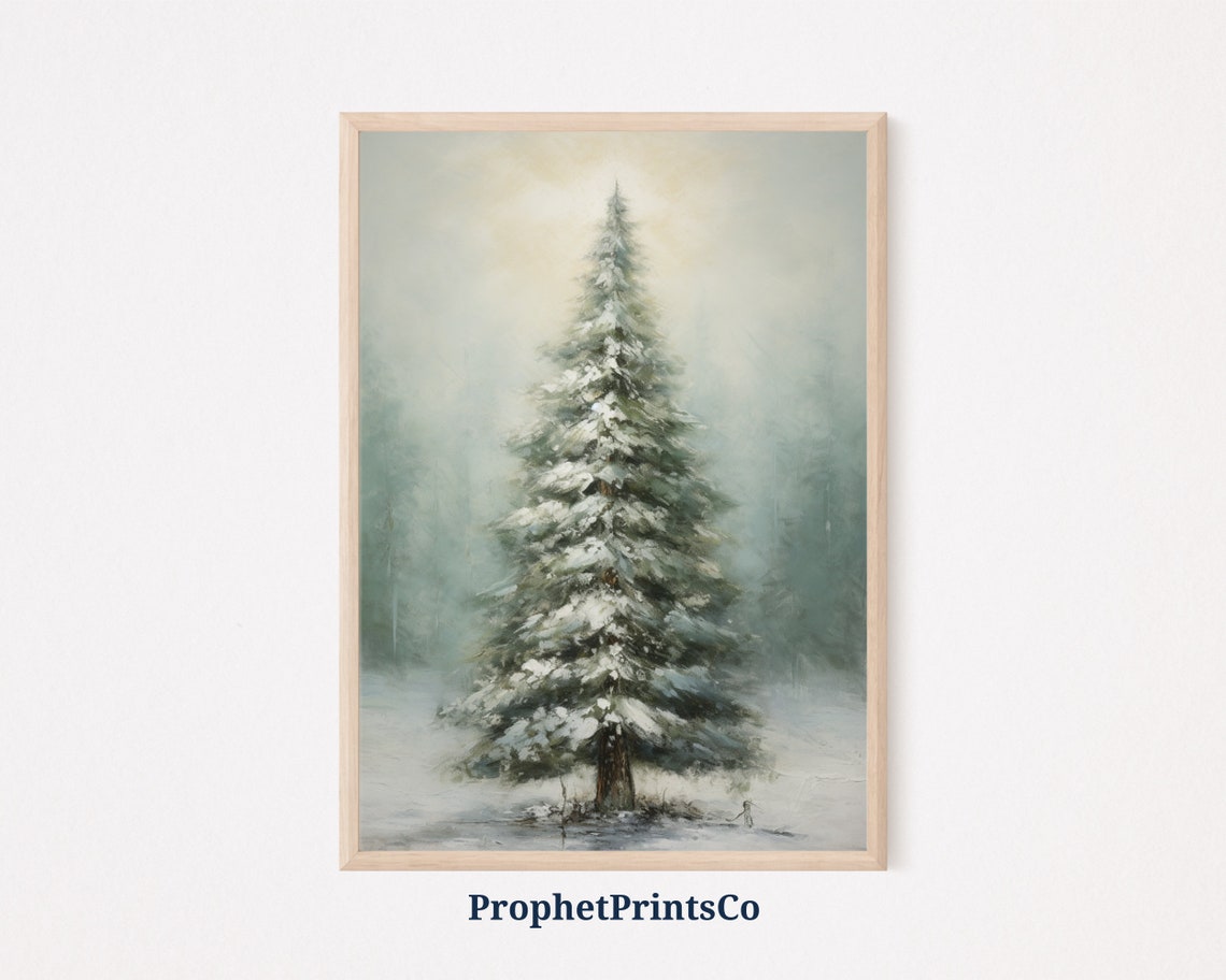 Tall Snowy Pine Tree Winter Wonderland Oil Painting Wall Poster
