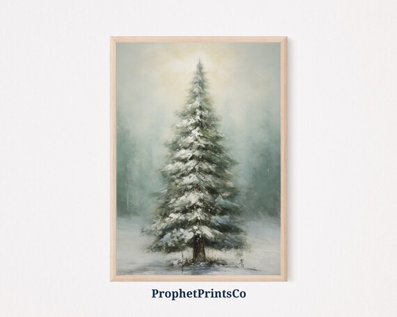 Tall Snowy Pine Tree Winter Wonderland Oil Painting Wall Poster