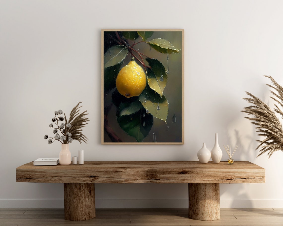 Ripe Lemon with Water Drops on a Branch Dark Botanical Poster - Image 3